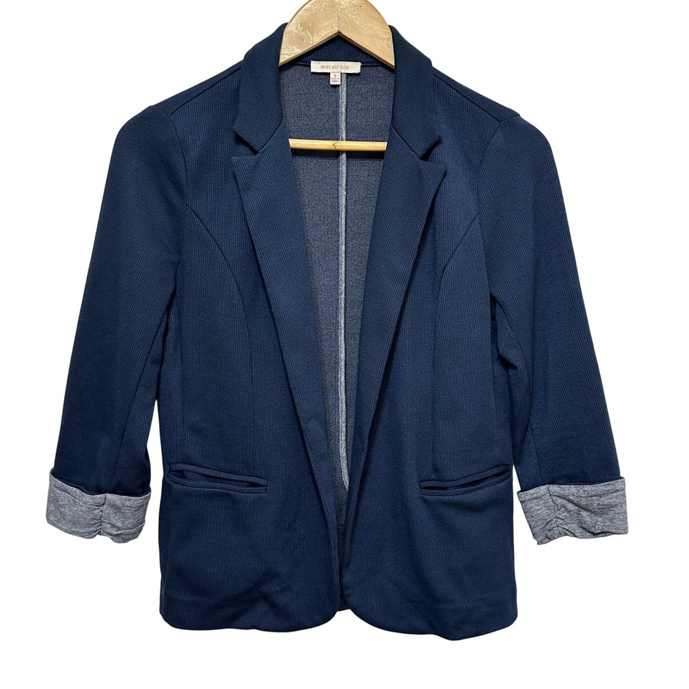 Skies Are Blue Knit Blazer Women Small Navy Blue Cuffed 3/4 Sleeve Open Front